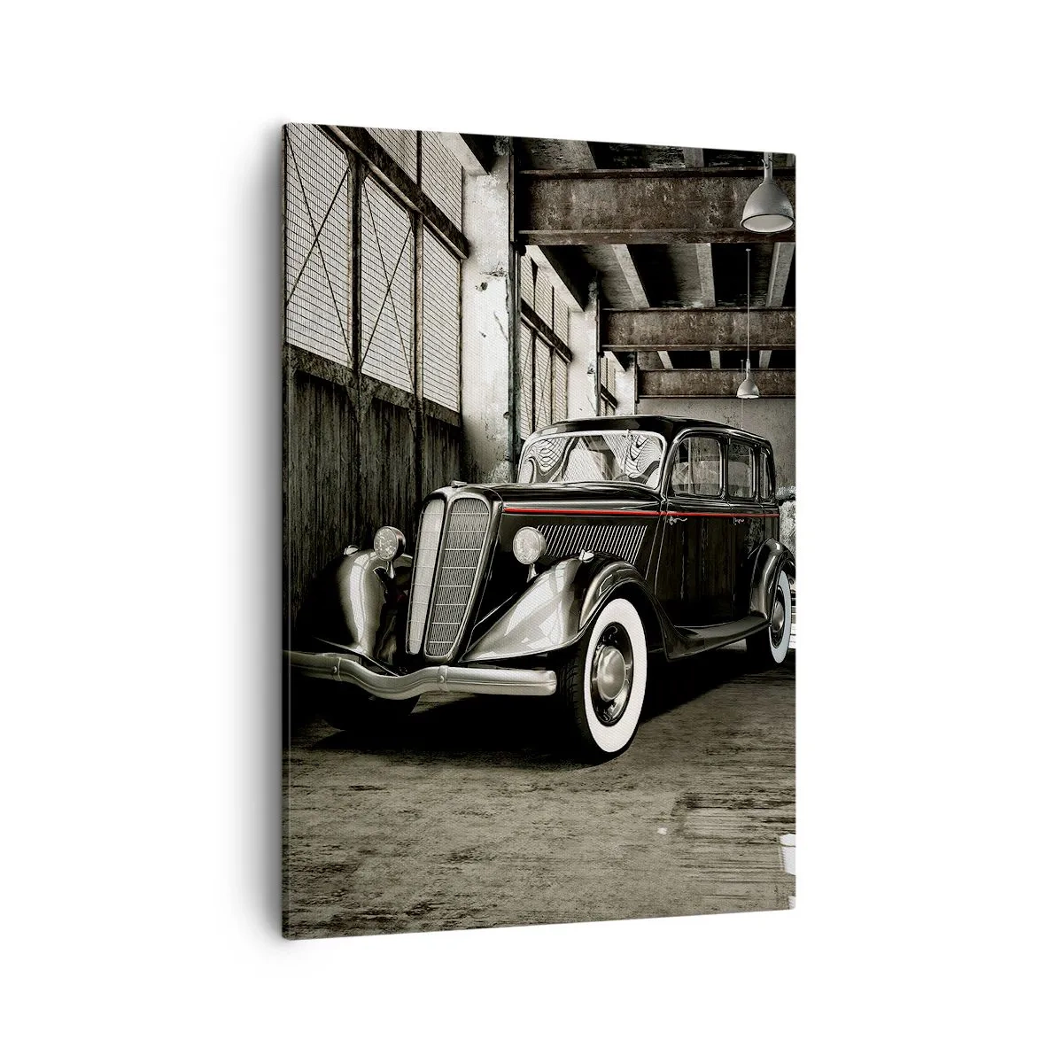 Cuadro sobre lienzo - Impresión de Imagen - Un elegante coche retro en un almacén rústico - 50x70cm - La elegancia perdurable de los años 30. - Decoración de pared moderna para salón y dormitorio ARTTOR