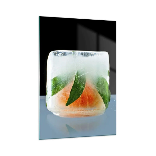 Cuadro sobre vidrio - Impresiones sobre Vidrio - Frutas y hojas congeladas en hielo transparente. - 50x70cm - Frescura - Decoración de pared moderna para salón y dormitorio ARTTOR