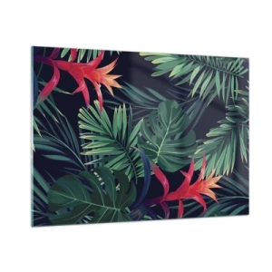 Cuadro sobre vidrio - Impresiones sobre Vidrio - Hojas y flores exóticas sobre un fondo oscuro. - 100x70cm - Encender el color verde - Decoración de pared moderna para salón y dormitorio ARTTOR