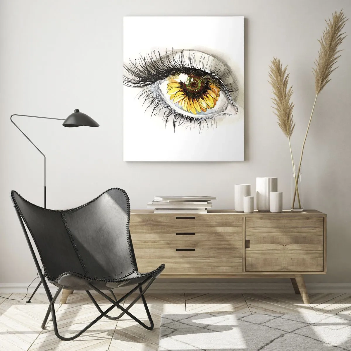 Cuadro sobre vidrio - Impresiones sobre Vidrio - Un ojo con motivo de girasol rodeado de delicados detalles. - 50x70cm - Un aspecto tan caluroso como el verano - Decoración de pared moderna para salón y dormitorio ARTTOR