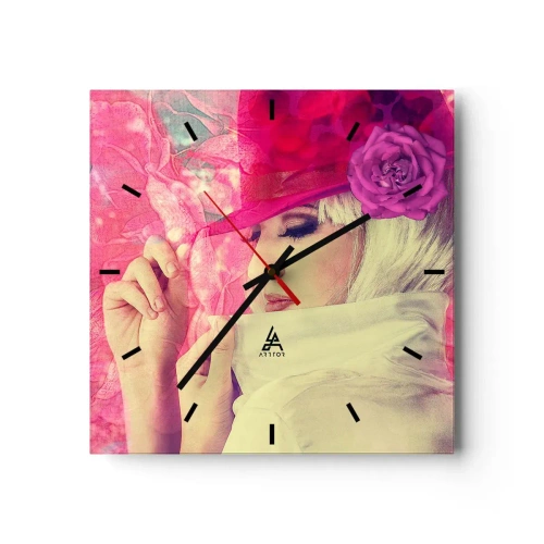 Reloj de pared - Reloj de vidrio - Mujer elegante con un sombrero rosa y una flor. - 30x30cm - Retrato retro en rosa - Decoración de pared moderna para salón y dormitorio ARTTOR