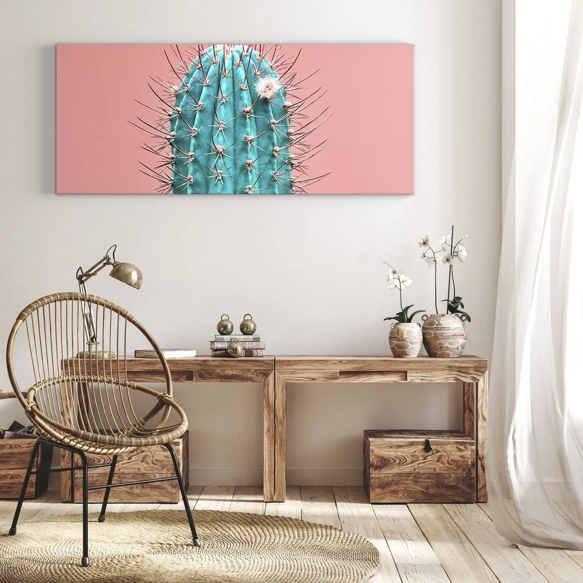 Cuadro sobre lienzo - Impresión de Imagen - Una versión artística de un cactus sobre un fondo rosa. - 160x50cm - Se mira, pero no se toca - Decoración de pared moderna para salón y dormitorio ARTTOR