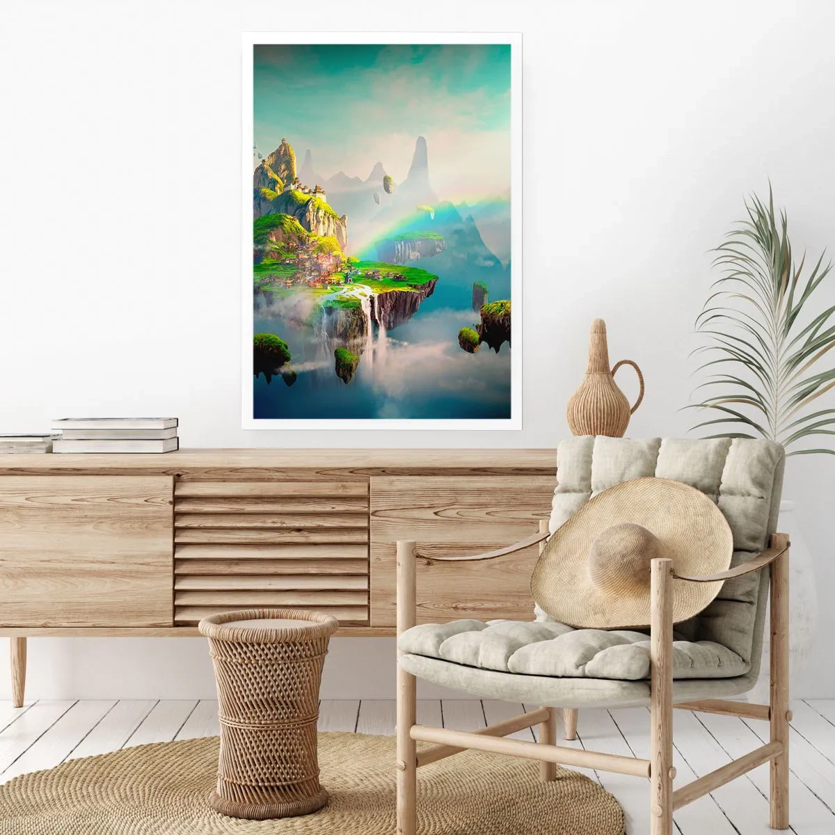 Póster - Un paisaje mágico con montañas, un arcoíris y una cascada. - 50x70cm - El medio de la nada - islas flotantes - Decoración de pared moderna para salón y dormitorio ARTTOR