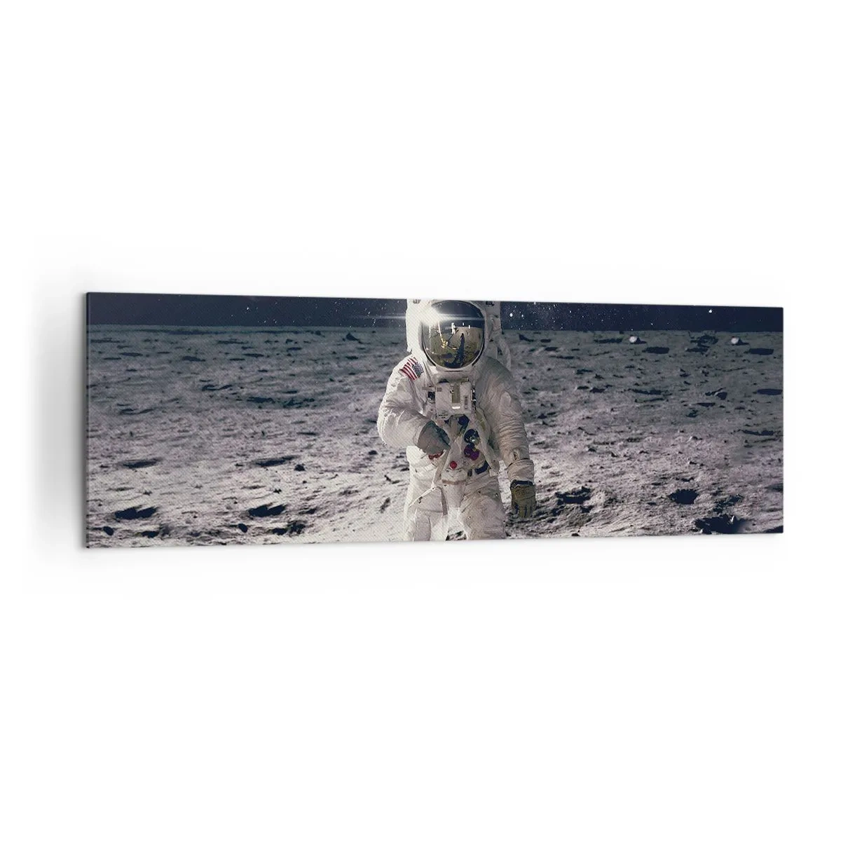 Cuadro sobre lienzo - Impresión de Imagen - Astronauta en la superficie de la Luna con la Tierra al fondo - 160x50cm - Saludos desde la Luna - Decoración de pared moderna para salón y dormitorio ARTTOR