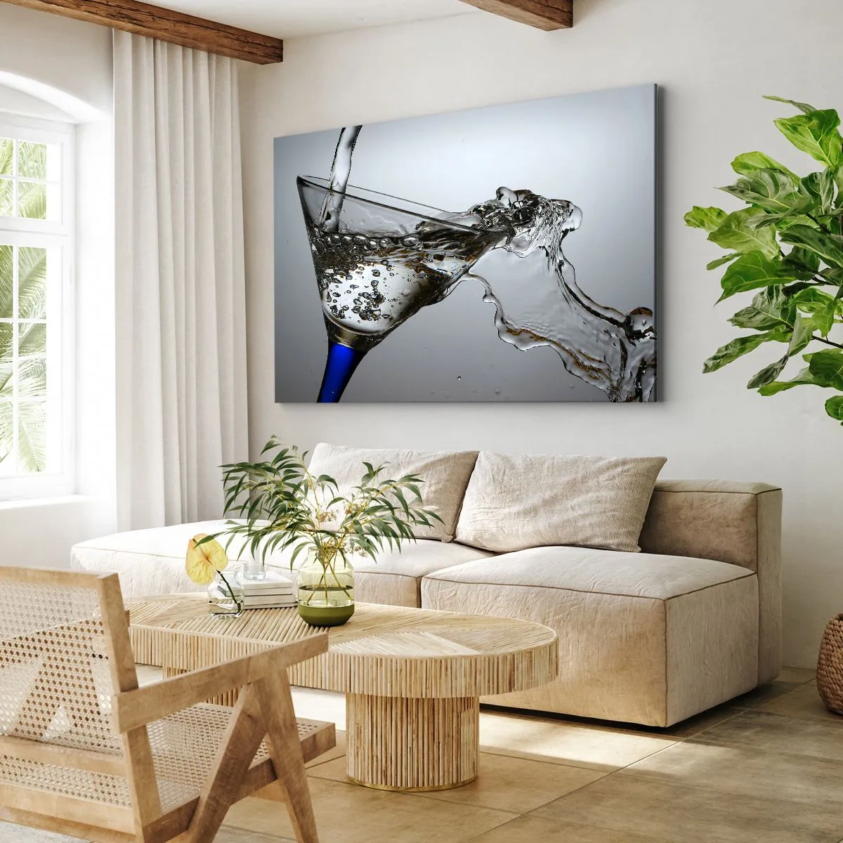 Cuadro sobre lienzo - Impresión de Imagen - Un vaso de agua en movimiento sobre un fondo claro. - 100x70cm - Agua cristalina en vaso de vidrio - Decoración de pared moderna para salón y dormitorio ARTTOR