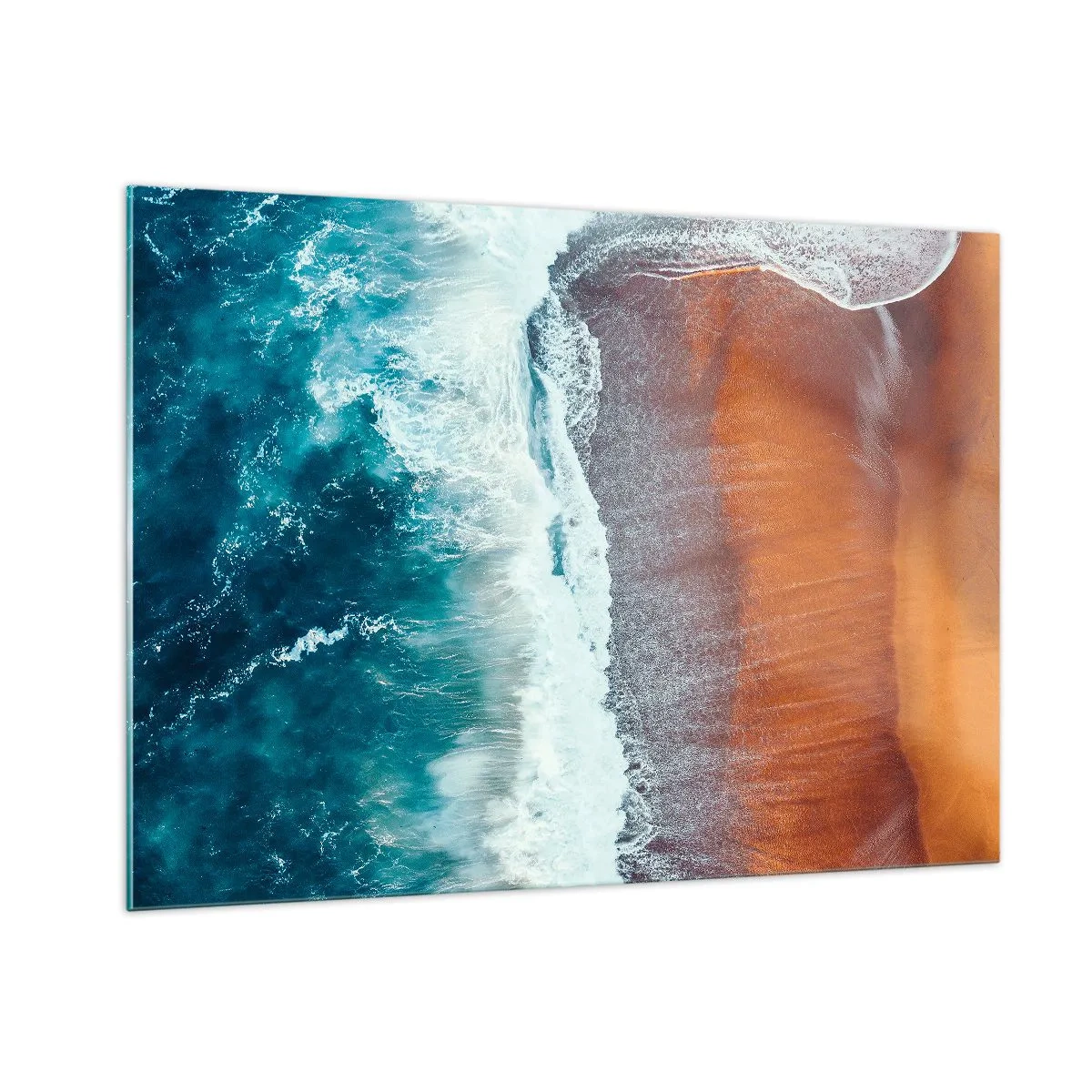 Cuadro sobre vidrio - Impresiones sobre Vidrio - Vista aérea de la superficie del océano y la orilla de la playa. - 100x70cm - Un toque de océano - Decoración de pared moderna para salón y dormitorio ARTTOR