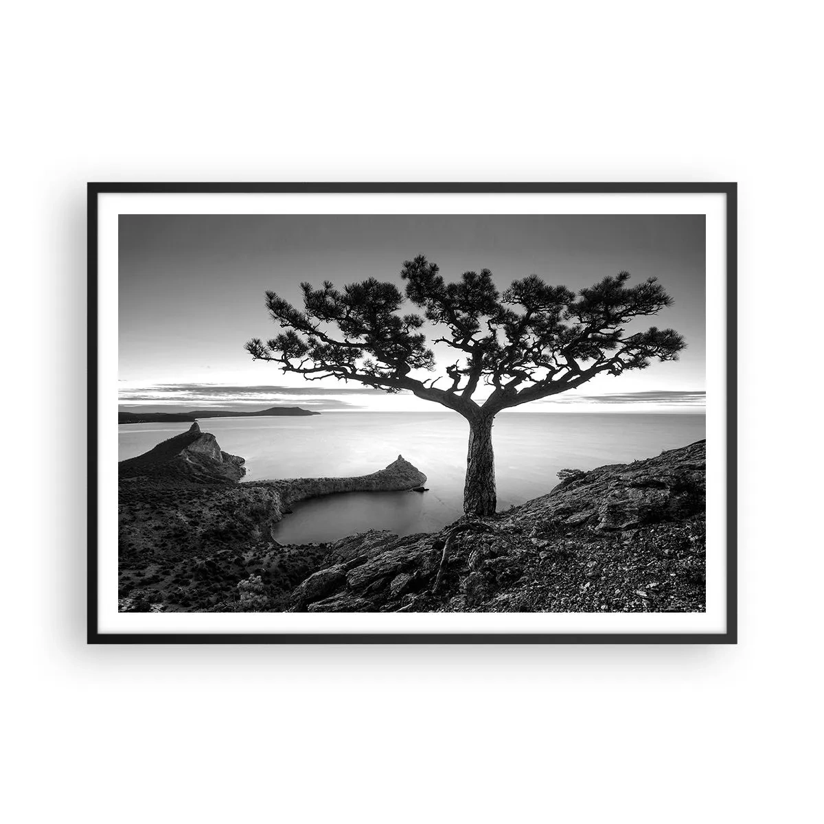 Póster en marco negro - Paisaje en blanco y negro con un árbol solitario en un acantilado sobre el mar. - 100x70cm - Calma hasta el horizonte - Decoración de pared moderna para salón y dormitorio ARTTOR