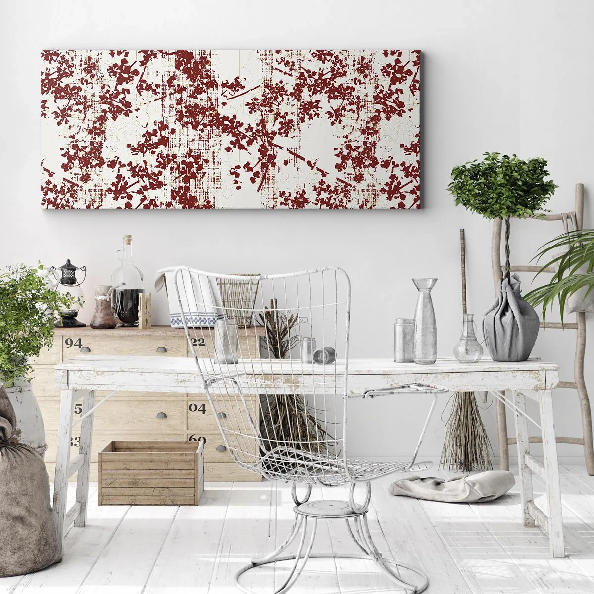 Cuadro sobre lienzo - Impresión de Imagen - Flores rojas sobre un fondo blanco en un estilo artístico. - 160x50cm - Como un viejo percal - Decoración de pared moderna para salón y dormitorio ARTTOR