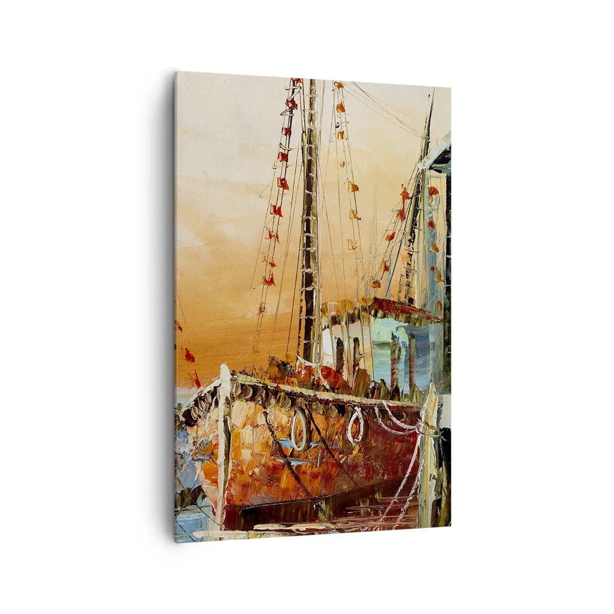 Cuadro sobre lienzo - Impresión de Imagen - Barcos en la orilla bajo la cálida luz del atardecer. - 80x120cm - Regreso pacífico - Decoración de pared moderna para salón y dormitorio ARTTOR