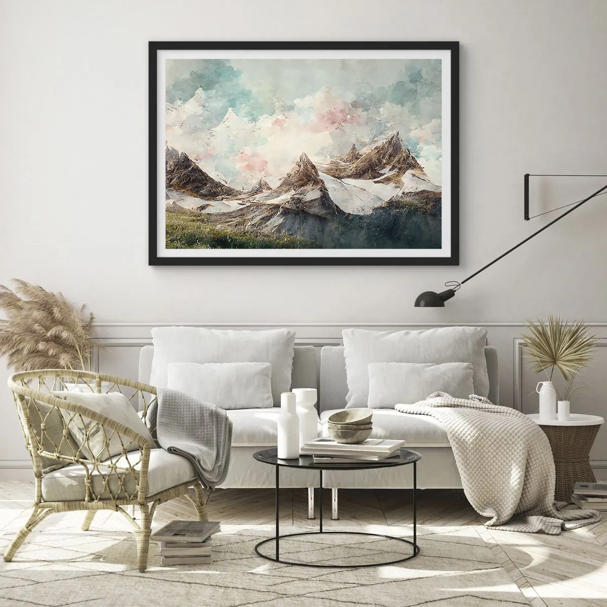 Póster en marco negro - Montañas pintorescas con cielos pastel - 70x50cm - Filos rocosos - Decoración de pared moderna para salón y dormitorio ARTTOR