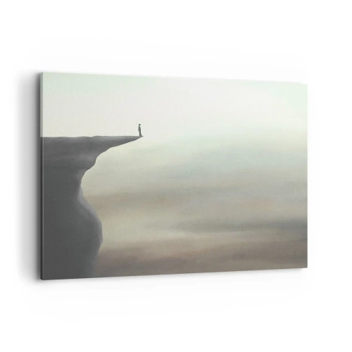 Cuadro sobre lienzo - Impresión de Imagen - Silueta de una figura en el borde de un acantilado en un paisaje brumoso - 100x70cm - Hacia arriba, ¡por supuesto! - Decoración de pared moderna para salón y dormitorio ARTTOR