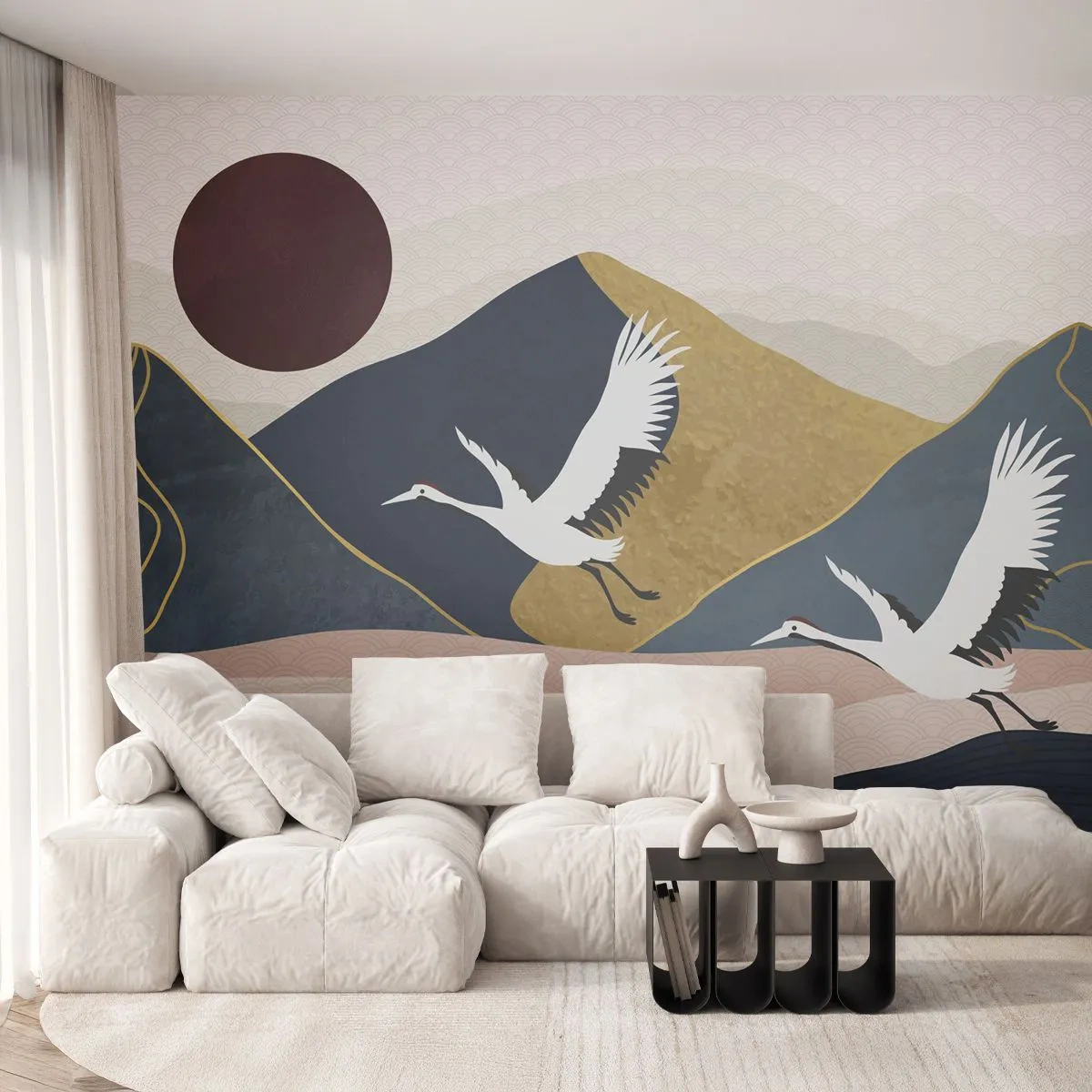 Fotomural Premium Canvas - Grúas en vuelo con el telón de fondo de montañas y un sol rojo. - 100x70cm - Y el día ha vuelto a pasar volando - Decoración de pared moderna para salón y dormitorio ARTTOR