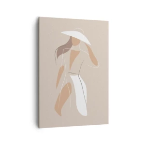 Cuadro sobre lienzo - Impresión de Imagen - Un dibujo minimalista de una mujer con sombrero sobre un fondo beige. - 50x70cm - La moda es alegría - Decoración de pared moderna para salón y dormitorio ARTTOR