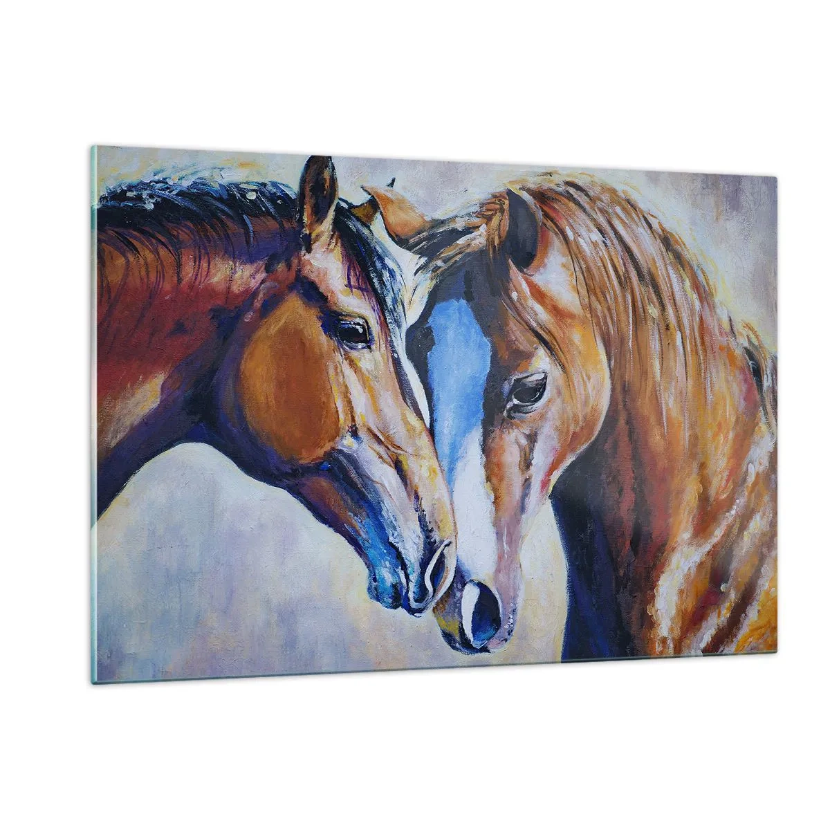 Cuadro sobre vidrio - Impresiones sobre Vidrio - Dos caballos en un tierno gesto de cercanía. - 120x80cm - ¿Esto es amistad? ¿Es amor? - Decoración de pared moderna para salón y dormitorio ARTTOR