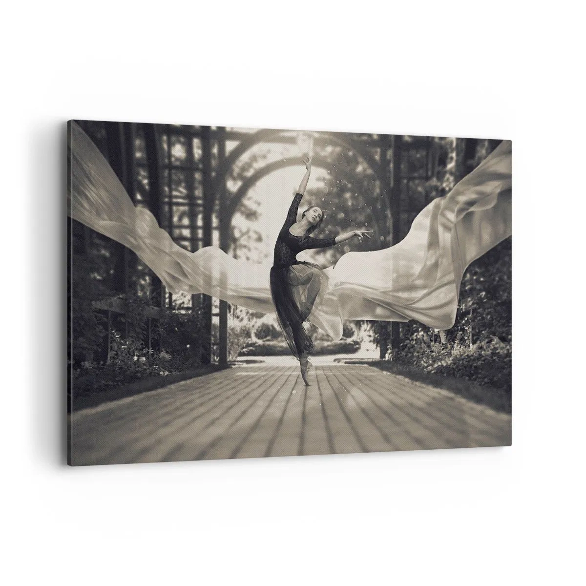 Cuadro sobre lienzo - Impresión de Imagen - Una bailarina con un vestido fluido realiza un salto frente a un jardín en blanco y negro como telón de fondo. - 120x80cm - Danza del espíritu del jardín - Decoración de pared moderna para salón y dormitorio ART