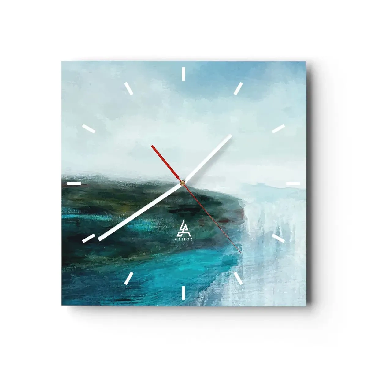 Reloj de pared - Reloj de vidrio - Paisaje abstracto en tonos turquesa y gris. - 30x30cm - Abstracción marina - Decoración de pared moderna para salón y dormitorio ARTTOR