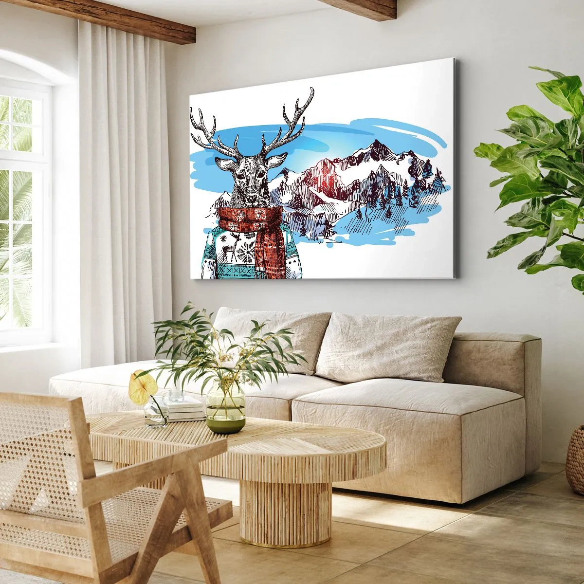 Cuadro sobre lienzo - Impresión de Imagen - Un ciervo con un suéter de invierno frente a un paisaje montañoso. - 100x70cm - Ni el ciervo pasa frío - Decoración de pared moderna para salón y dormitorio ARTTOR