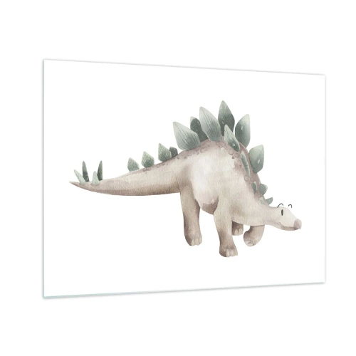 Cuadro sobre vidrio - Impresiones sobre Vidrio - Un lindo dinosaurio en colores pastel sobre un fondo blanco. - 70x50cm - Un amigo de otro tiempo - Decoración de pared moderna para salón y dormitorio ARTTOR