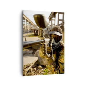 Cuadro sobre lienzo - Impresión de Imagen - Un jugador de paintball con equipo de camuflaje apuntando con un marcador. - 50x70cm - Y puedes ser un héroe - Decoración de pared moderna para salón y dormitorio ARTTOR