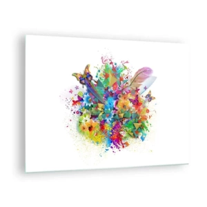 Cuadro sobre vidrio - Impresiones sobre Vidrio - Abstracción colorida con mariposas, flores y plumas sobre un fondo blanco. - 70x50cm - Un ramo de alegría - Decoración de pared moderna para salón y dormitorio ARTTOR