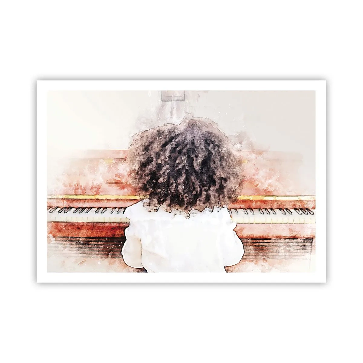 Póster - Una chica con cabello tupido al piano - 100x70cm - Descubriendo un mundo nuevo - Decoración de pared moderna para salón y dormitorio ARTTOR