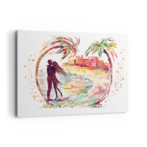 Cuadro sobre lienzo - Impresión de Imagen - Escena romántica de pareja en una playa con palmeras en acuarela - 100x70cm - Unas vacaciones románticas - Decoración de pared moderna para salón y dormitorio ARTTOR