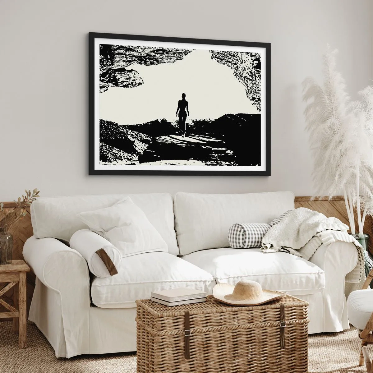 Póster en marco negro - Silueta en blanco y negro de una mujer en una cueva contra el cielo - 70x50cm - Una nueva mirada - Decoración de pared moderna para salón y dormitorio ARTTOR