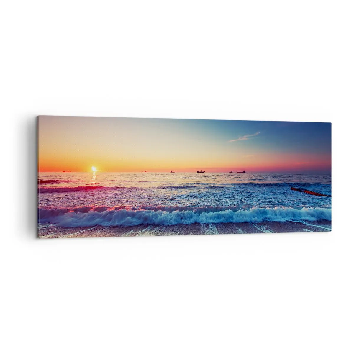 Cuadro sobre lienzo - Impresión de Imagen - Puesta de sol sobre un mar tranquilo con olas - 140x50cm - ¿Y qué hay tras el horizonte? - Decoración de pared moderna para salón y dormitorio ARTTOR