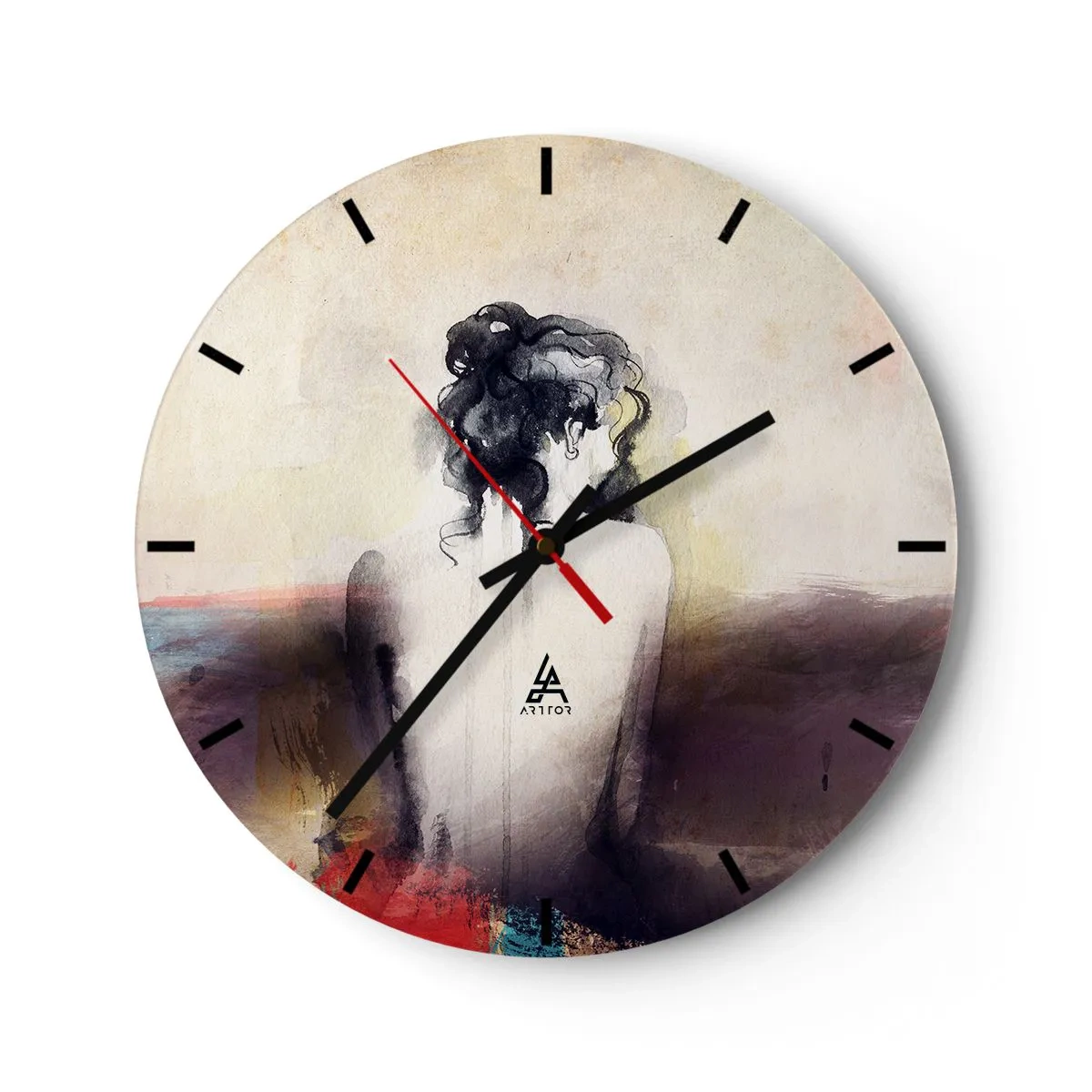 Reloj de pared - Reloj de vidrio - Un retrato sutil de una mujer de espaldas sobre un fondo pastel. - 30x30cm - Líneas suaves, formas ovaladas - Decoración de pared moderna para salón, cocina y dormitorio ARTTOR