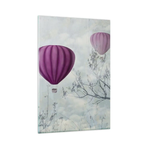 Cuadro sobre vidrio - Impresiones sobre Vidrio - Globos morados flotando sobre los árboles en las nubes. - 80x120cm - Surcando los cielos - Decoración de pared moderna para salón y dormitorio ARTTOR