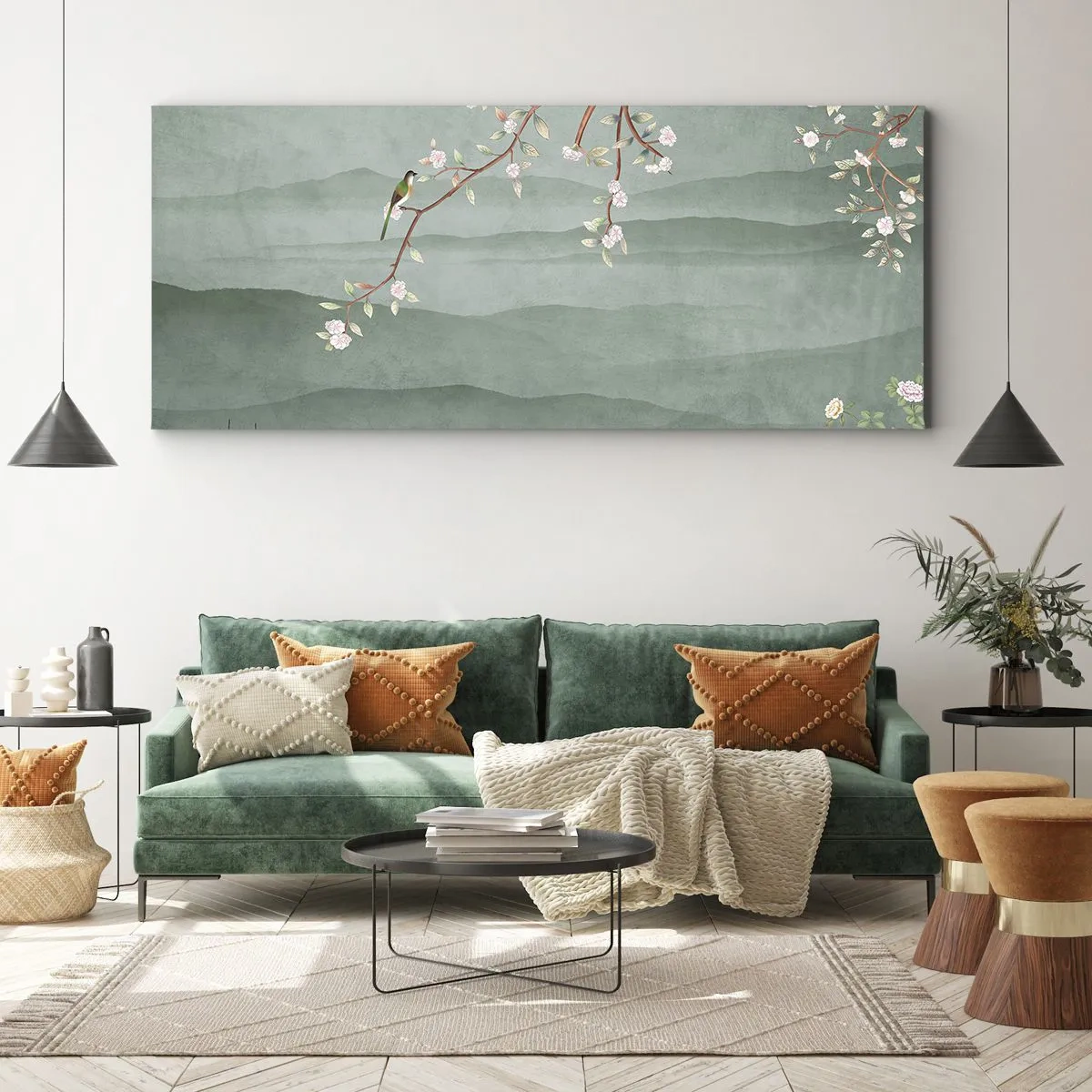 Cuadro sobre lienzo - Impresión de Imagen - Una imagen pintoresca de la rama de un árbol en flor con pájaros sobre un fondo de colinas verdes. - 140x50cm - Primavera, ah, eres tú - Decoración de pared moderna para salón y dormitorio ARTTOR