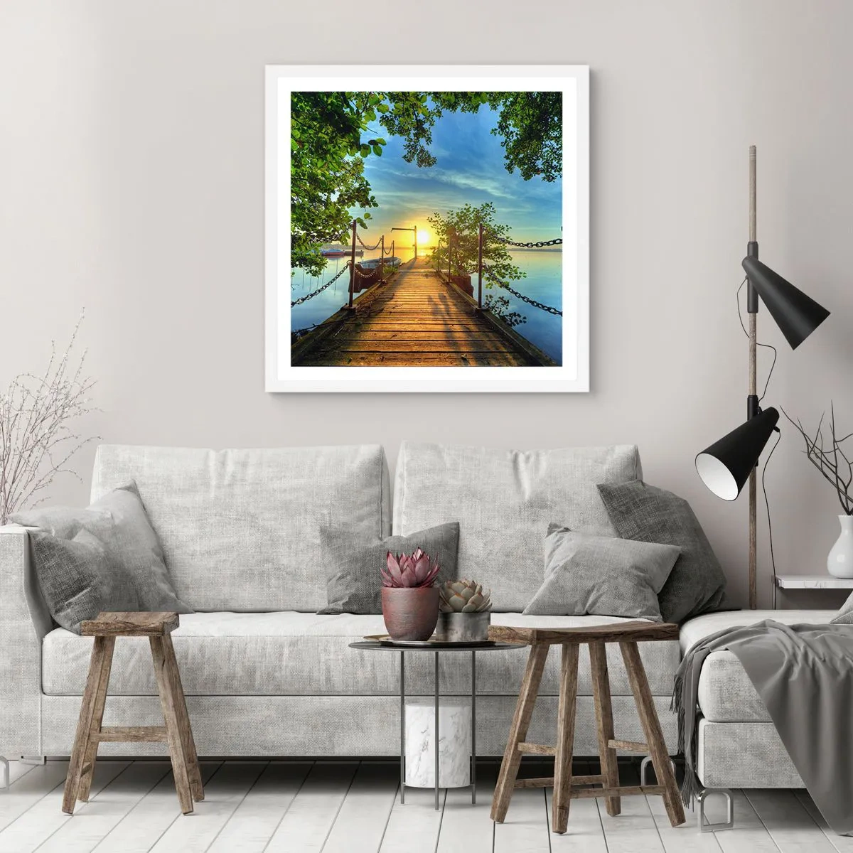 Póster en marco blanco - Atardecer junto al agua - 50x50 cm