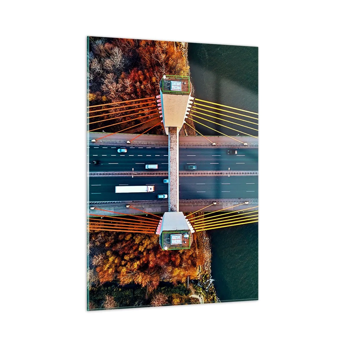 Cuadro sobre vidrio - Impresiones sobre Vidrio - Vista aérea del puente con disposición simétrica de cables y coches. - 50x70cm - Más allá de las aguas, más allá de los bosques - Decoración de pared moderna para salón y dormitorio ARTTOR