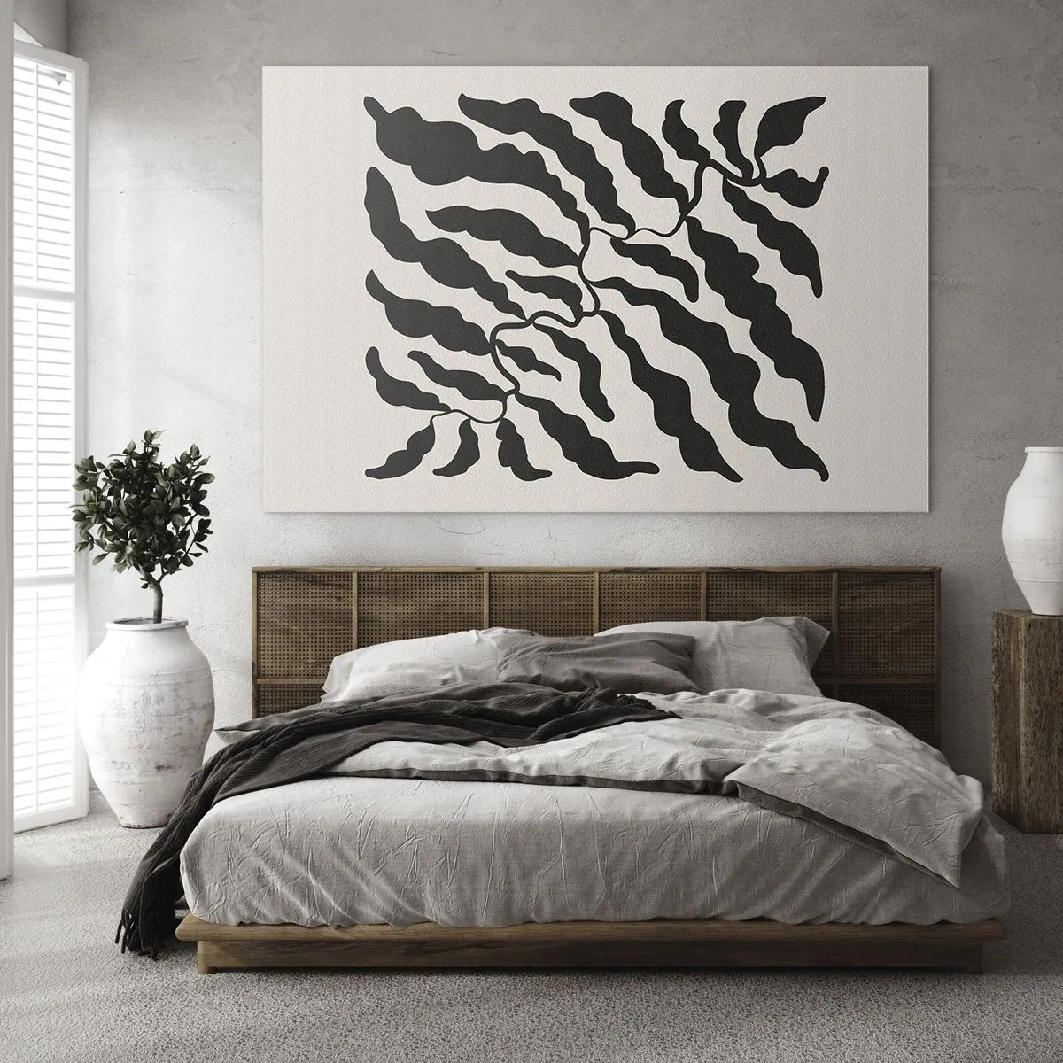 Cuadro sobre vidrio - Impresiones sobre Vidrio - Obra botánica con hojas negras orgánicas. - 70x50cm - La naturaleza de un cuadrado - Decoración de pared moderna para salón y dormitorio ARTTOR