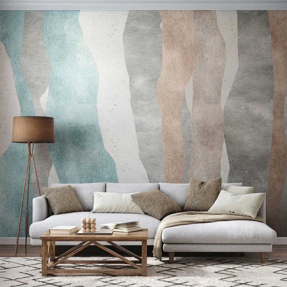 Fotomural Premium Sand - Rayas onduladas en beige, gris y azul. - 100x70cm - Un estudio de la cercanía - Decoración de pared moderna para salón y dormitorio ARTTOR
