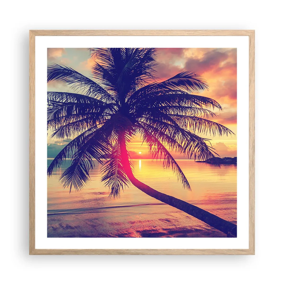 Póster en marco roble claro - Atardecer bajo las palmeras - 60x60 cm