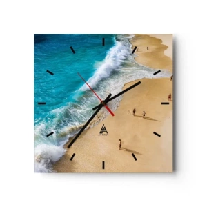 Reloj de pared - Reloj de vidrio - Una playa con agua turquesa y gente paseando. - 30x30cm - Y luego el sol, la playa... - Decoración de pared moderna para salón y dormitorio ARTTOR