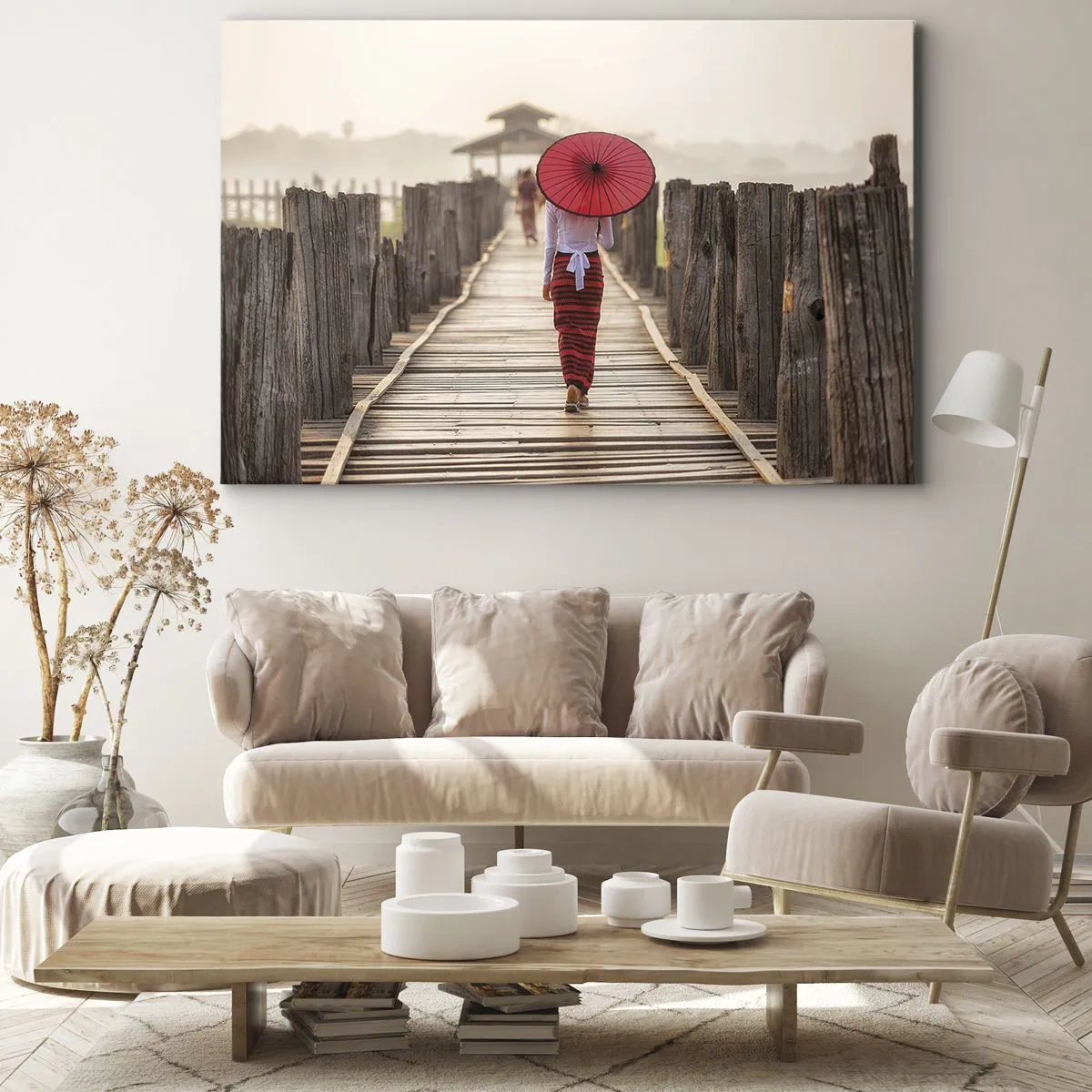 Cuadro sobre lienzo - Impresión de Imagen - Una mujer con un paraguas rojo en un puente de madera. - 70x50cm - En un viejo puente - Decoración de pared moderna para salón y dormitorio ARTTOR