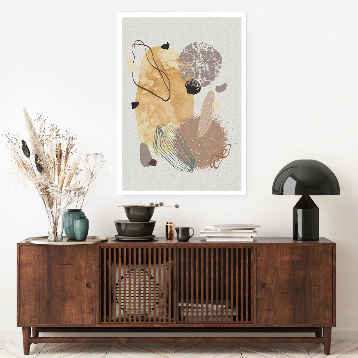 Póster - Composición abstracta en tonos naturales. - 50x70cm - Plumología aplicada - Decoración de pared moderna para salón y dormitorio ARTTOR