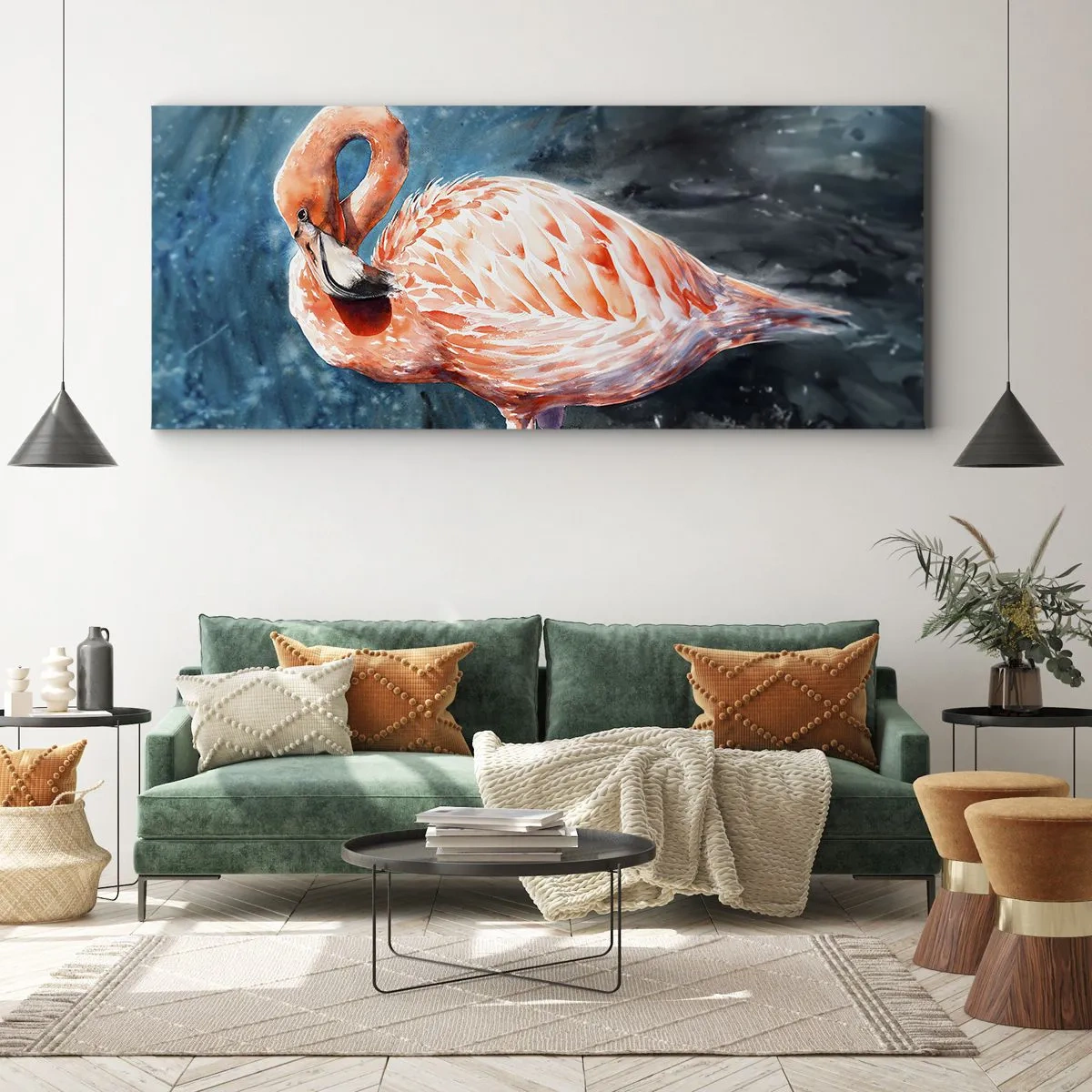 Cuadro sobre lienzo - Impresión de Imagen - Un flamenco rosa sobre un fondo azul de acuarela. - 160x50cm - Decorativo por naturaleza - Decoración de pared moderna para salón y dormitorio ARTTOR