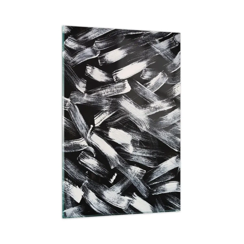 Cuadro sobre vidrio - Impresiones sobre Vidrio - Abstracción dinámica con pinceladas blancas sobre fondo negro. - 80x120cm - Abstracción en el espíritu industrial - Decoración de pared moderna para salón y dormitorio ARTTOR