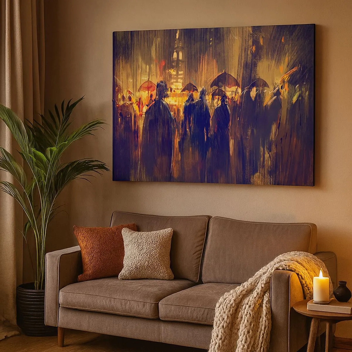 Cuadro sobre lienzo - Impresión de Imagen - Figuras con paraguas en una ciudad lluviosa por la noche - 70x50cm - Seguidores de la lluvia - Decoración de pared moderna para salón y dormitorio ARTTOR
