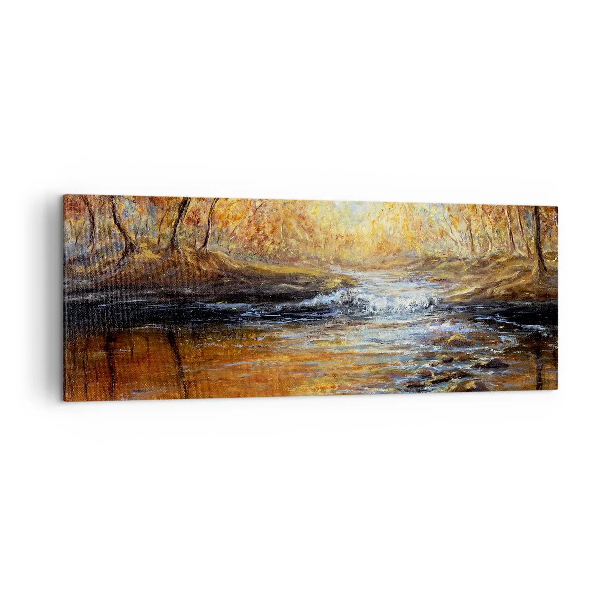 Cuadro sobre lienzo - Impresión de Imagen - Paisaje otoñal con un río entre los árboles. - 140x50cm - Arroyo de oro - Decoración de pared moderna para salón y dormitorio ARTTOR