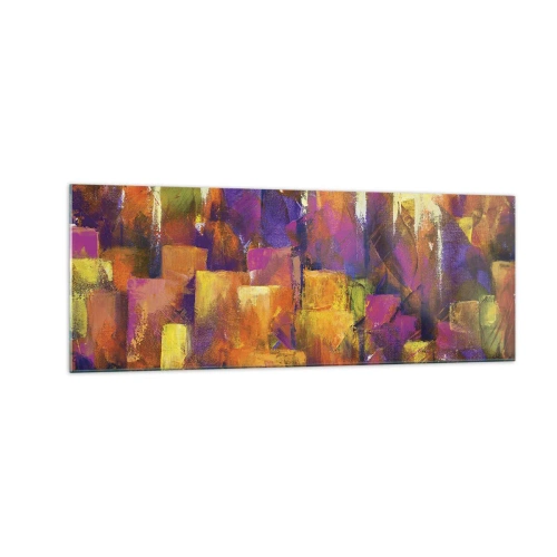 Cuadro sobre vidrio - Impresiones sobre Vidrio - Composición abstracta de una metrópolis en tonos amarillos y morados. - 140x50cm - Composición metropolitana - Decoración de pared moderna para salón y dormitorio ARTTOR