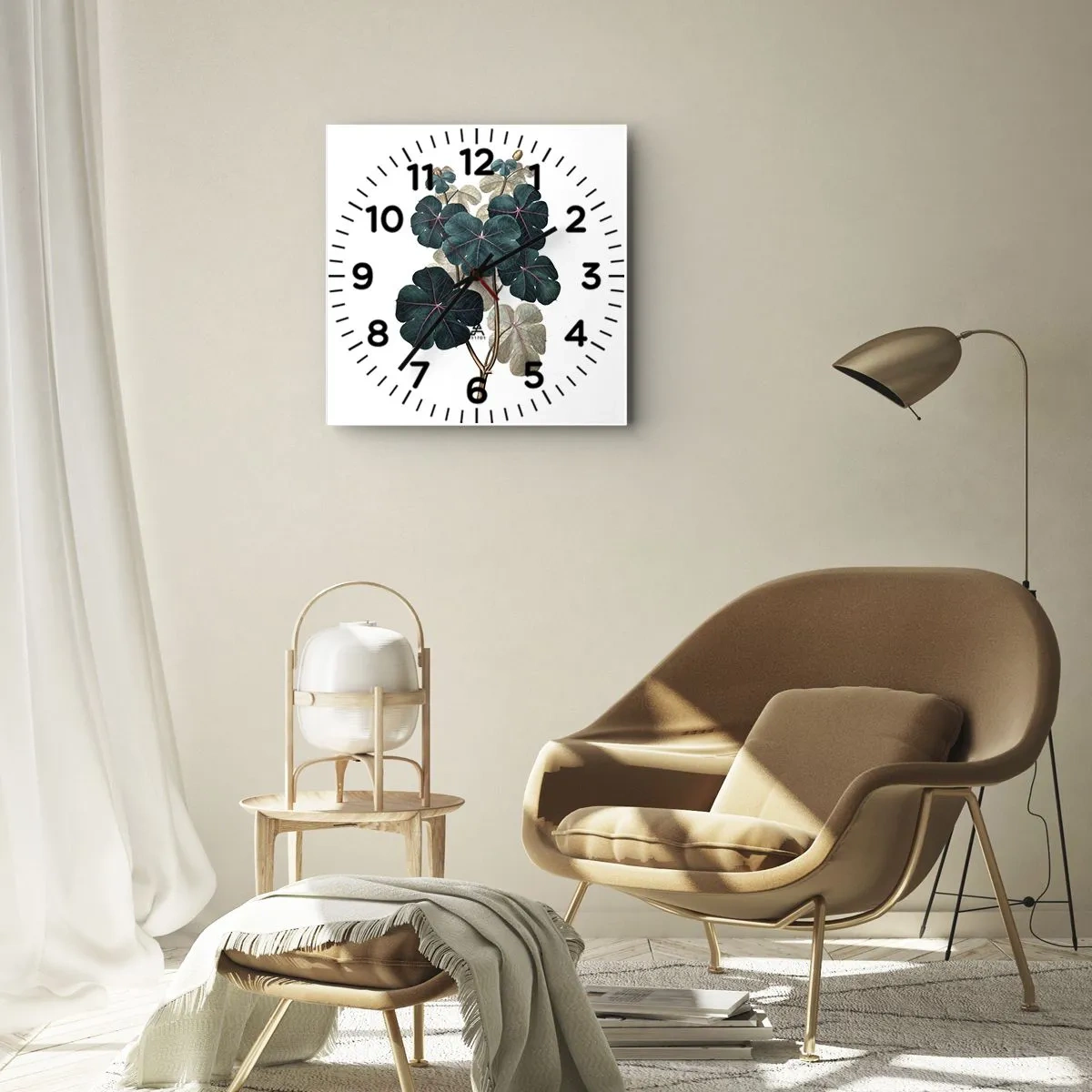 Reloj de pared - Reloj de vidrio - Ilustración botánica con hojas en tonos verdes y beige. - 30x30cm - De un viejo herbario - Decoración de pared moderna para salón y dormitorio ARTTOR