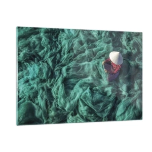 Cuadro sobre vidrio - Impresiones sobre Vidrio - Una mujer con un sombrero tradicional remendando redes - 120x80cm - En un mar de redes - Decoración de pared moderna para salón y dormitorio ARTTOR
