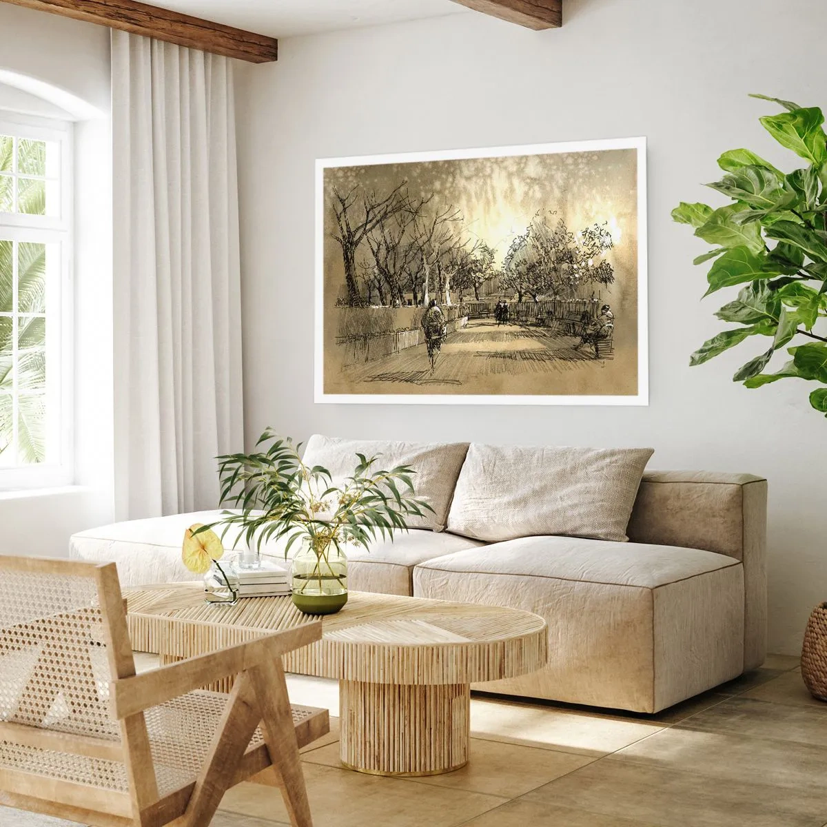 Póster - Una escena de dibujos animados de un parque con gente caminando en tonos cálidos. - 100x70cm - Un momento hecho a pluma - Decoración de pared moderna para salón y dormitorio ARTTOR