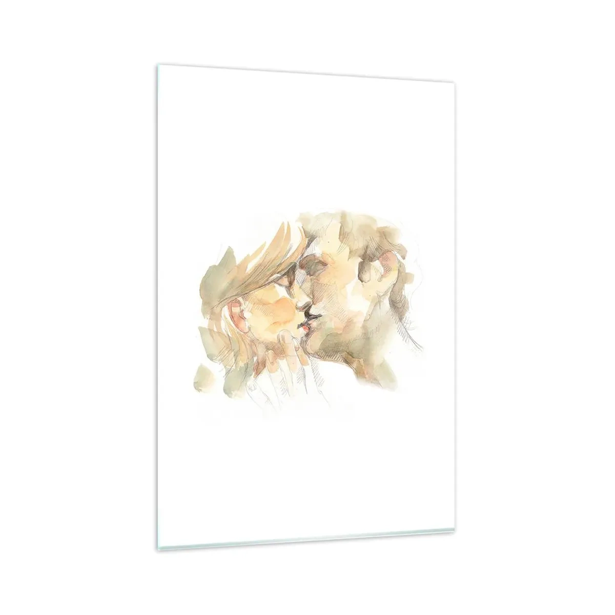 Cuadro sobre vidrio - Impresiones sobre Vidrio - Retrato romántico en acuarela de una pareja besándose. - 80x120cm - ¿La media naranja encontrada? - Decoración de pared moderna para salón y dormitorio ARTTOR