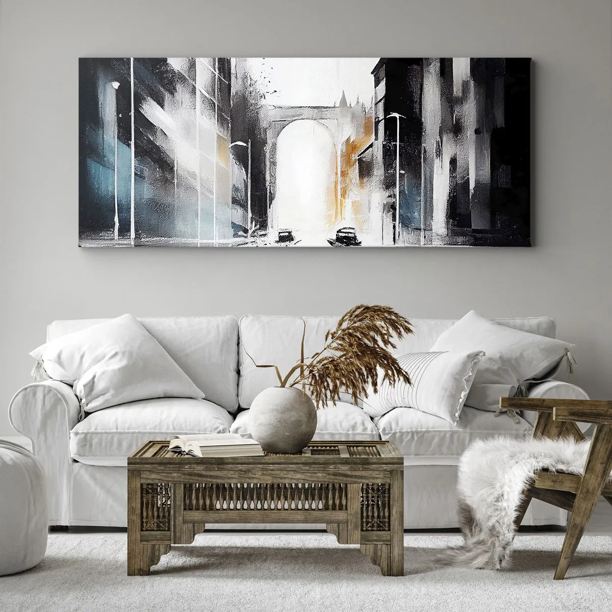 Cuadro sobre lienzo - Impresión de Imagen - Panorama abstracto de la ciudad con un puente arqueado - 160x50cm - Estudio de la ciudad: arquitectura y movimiento - Decoración de pared moderna para salón y dormitorio ARTTOR
