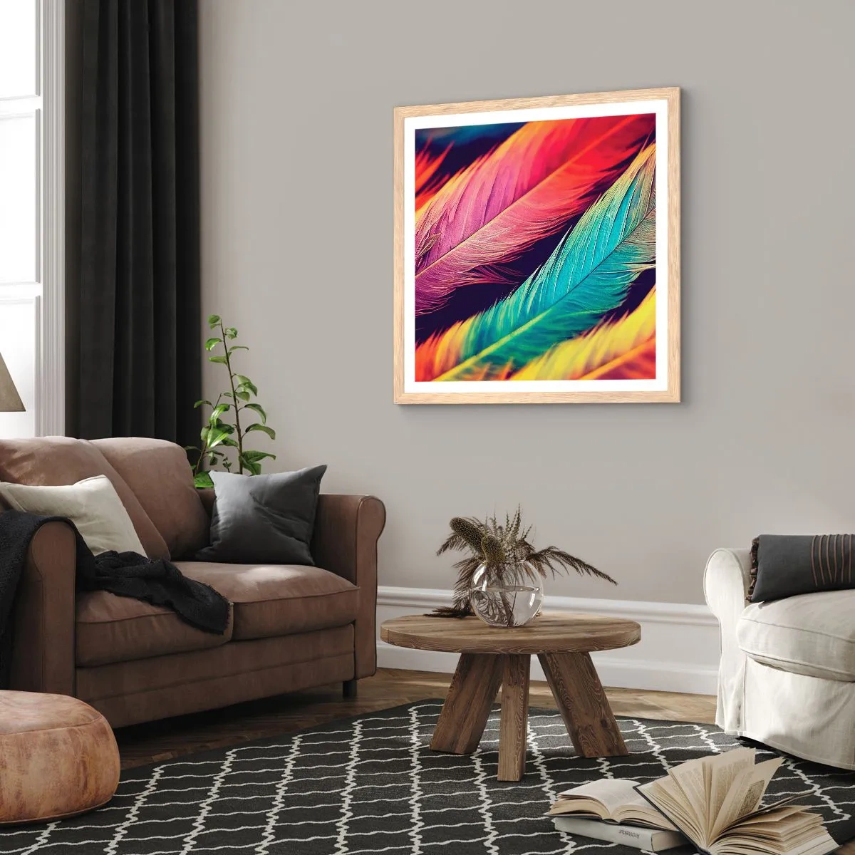 Póster en marco roble claro - Arco iris plumoso - 40x40 cm